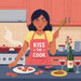 An animated woman in a pink apron labeled "KISS THE COOK," cooking in a kitchen with a bottle of wine and food on the counter.