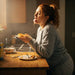 A woman with red/brown hair standing at a kitchen worktop, eating breakfast, with a cozy indoor setting in the background