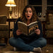 A woman with brown hair sitting cross-legged on the floow, reading a book, with a lamp and cozy decor in the background.
