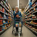 An older woman with gray hair pushing a shopping cart in a grocery store aisle, smiling at the camera.